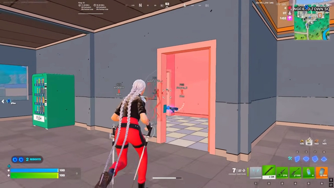 Fortnite cheats ESP boxes and distance in a building